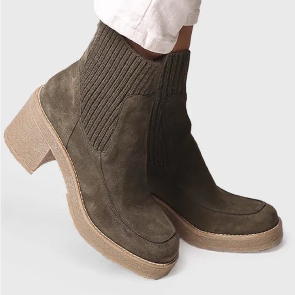 Toni Pons Prag-Sy-Block Heel Ankle Boot In Split Suede Leather Knit Fabric Sz 38